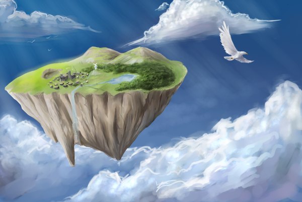 Anime picture 3080x2060 with original spikedmcgrathn (artist) highres sky cloud (clouds) city landscape river waterfall lake floating island animal tree (trees) water bird (birds) forest island windmill