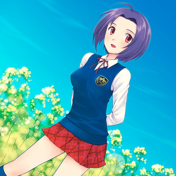 Anime picture 1000x1000 with idolmaster miura azusa inusaki short hair open mouth red eyes purple hair girl skirt uniform flower (flowers) school uniform miniskirt