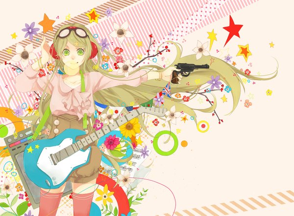 Anime picture 2000x1475 with original anzu (astro75) single long hair looking at viewer highres smile green eyes green hair girl thighhighs flower (flowers) bracelet headphones star (symbol) goggles guitar musical note bubblegum