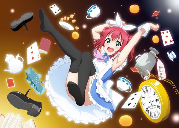 Anime picture 1080x772 with love live! sunshine!! alice in wonderland sunrise (studio) love live! kurosawa ruby takamin apaman single blush short hair open mouth blue eyes light erotic red hair two side up legs cosplay girl thighhighs dress bow