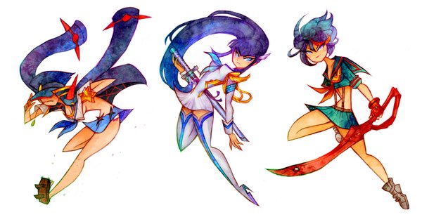 Anime picture 1599x826 with kill la kill studio trigger matoi ryuuko kiryuuin satsuki mankanshoku mako botjira long hair fringe short hair blue eyes black hair simple background wide image white background multiple girls blue hair purple hair red hair very long hair multicolored hair