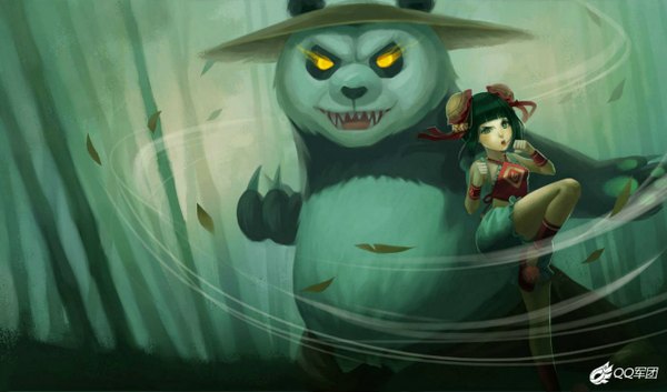 Anime picture 1280x755 with league of legends annie (league of legends) shaco (league of legends) open mouth black hair wide image teeth chinese clothes sharp teeth battle girl plant (plants) hat claws bamboo panda