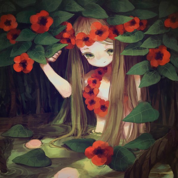 Anime picture 1000x1000 with original limo (artist) single long hair looking at viewer fringe brown hair green eyes girl flower (flowers) plant (plants) water leaf (leaves)