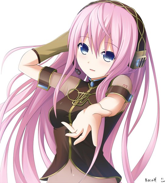 Anime picture 955x1050 with vocaloid megurine luka keenh single long hair tall image looking at viewer blush fringe blue eyes simple background hair between eyes white background signed pink hair parted lips light smile tattoo outstretched hand hand on headphones