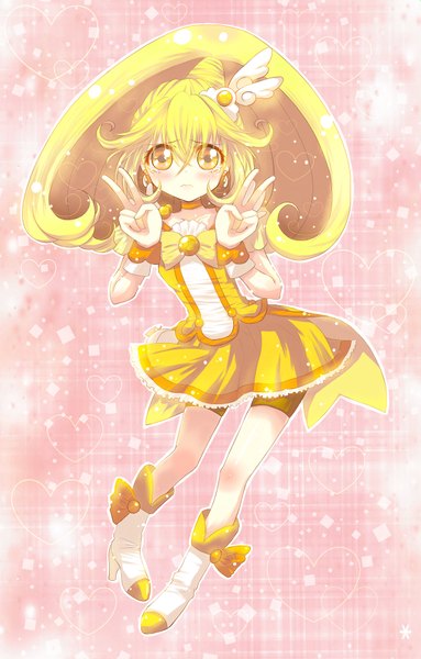 Anime picture 1260x1972 with precure smile precure! kise yayoi cure peace tagme (artist) single long hair tall image blush simple background blonde hair yellow eyes ponytail victory pink background girl dress hair ornament shorts heart