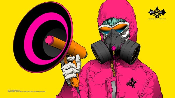 Anime picture 1920x1080 with vocaloid hatsune miku nagimiso single highres simple background wide image yellow background girl gloves hood microphone megaphone respirator