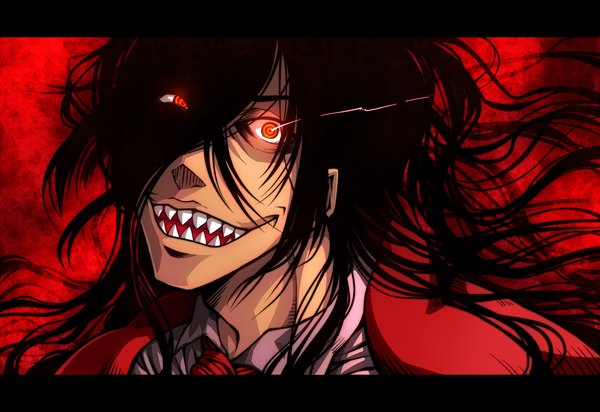 Anime picture 1600x1100 with hellsing alucard (hellsing) sonzaisinaimono single long hair fringe open mouth black hair red eyes hair over one eye teeth glowing portrait glowing eye (eyes) red background sharp teeth crazy boy
