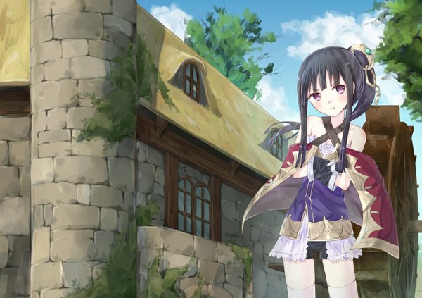 Anime picture 1000x706 with atelier (series) atelier totori atelier meruru gust (company) mimi houllier von schwarzlang mirai (macharge) single long hair blush black hair purple eyes ponytail girl thighhighs dress hair ornament detached sleeves white thighhighs building (buildings) house