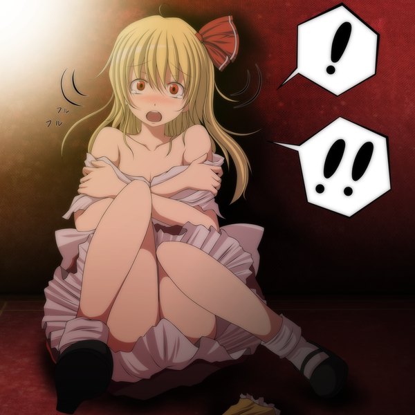 Anime picture 1500x1500 with touhou flandre scarlet s-syogo single long hair looking at viewer blush open mouth light erotic blonde hair red eyes sitting bare shoulders tears crossed arms ! shirt pull girl dress bow