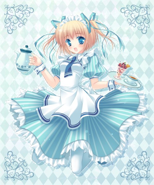 Anime picture 1500x1807 with original takano yuki (allegro mistic) single tall image looking at viewer blush short hair open mouth blue eyes blonde hair maid girl dress food headdress sweets maid headdress ice cream