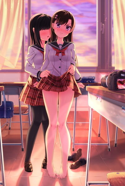 Anime picture 1000x1483 with original nukoko (akumagansyakudairi) long hair tall image blush light erotic black hair purple eyes multiple girls skirt lift shoujo ai girl skirt uniform 2 girls school uniform pantyhose desk camera