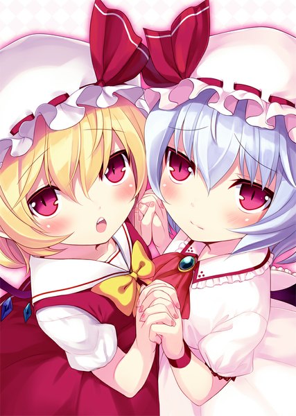 Anime picture 711x1000 with touhou flandre scarlet remilia scarlet minamura haruki tall image looking at viewer blush short hair open mouth blonde hair red eyes multiple girls purple hair from above holding hands girl dress 2 girls wings bonnet