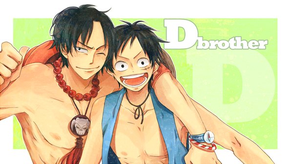 Anime picture 1000x560 with one piece toei animation monkey d. luffy portgas d. ace ance looking at viewer short hair open mouth black hair smile wide image one eye closed wink multiple boys hug border scar siblings outside border freckles