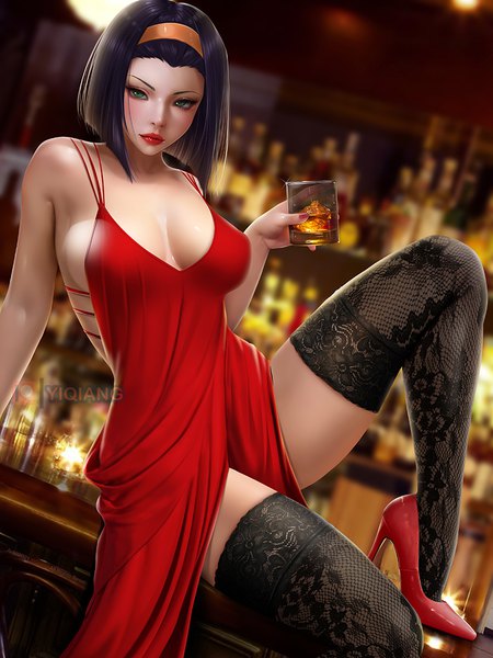 Anime picture 768x1024 with cowboy bebop sunrise (studio) faye valentine yi qiang single tall image looking at viewer short hair breasts light erotic black hair large breasts sitting green eyes bent knee (knees) indoors nail polish fingernails blurry high heels