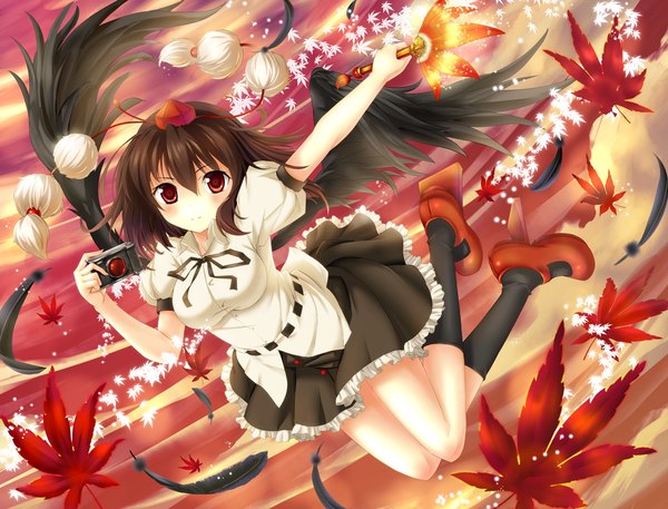 Anime picture 1200x914 with touhou shameimaru aya bug (artist) single blush short hair red eyes brown hair girl skirt hat miniskirt shirt wings socks shoes leaf (leaves) black socks feather (feathers) fan