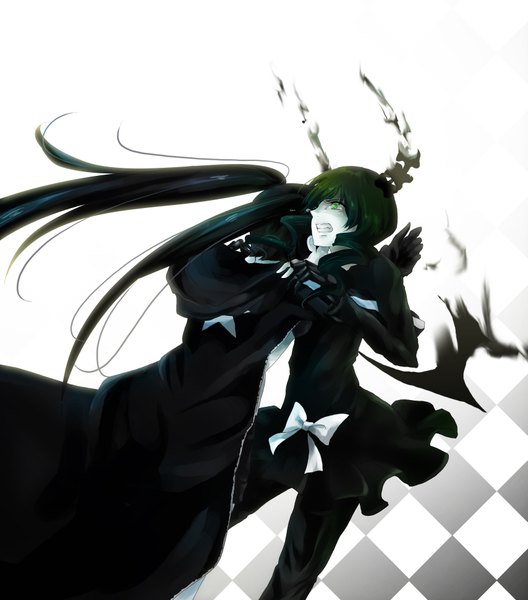 Anime picture 1707x1938 with black rock shooter black rock shooter (character) dead master yu-ka (artist) long hair tall image highres black hair twintails multiple girls green eyes horn (horns) green hair hug crying girl gloves bow 2 girls wings