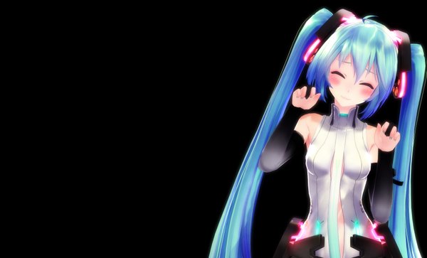Anime picture 1980x1200 with vocaloid vocaloid append hatsune miku hatsune miku (append) single long hair blush highres smile wide image twintails bare shoulders eyes closed very long hair aqua hair black background girl gloves elbow gloves