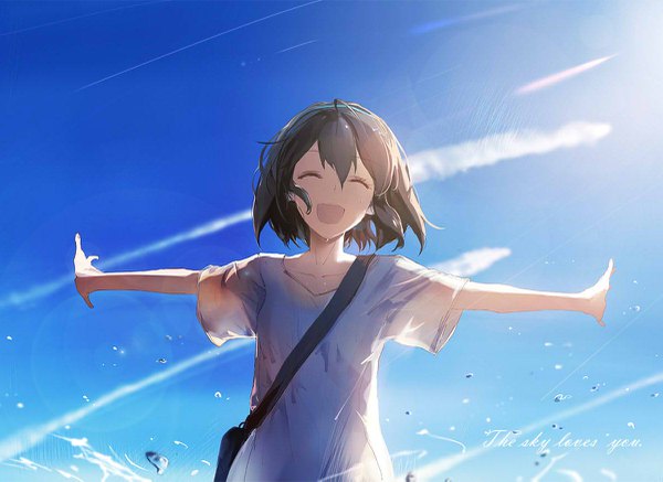 Anime picture 1200x875 with original sishenfan single fringe short hair open mouth black hair smile hair between eyes sky ahoge upper body eyes closed inscription wet spread arms ^ ^ ^o^ condensation trail girl