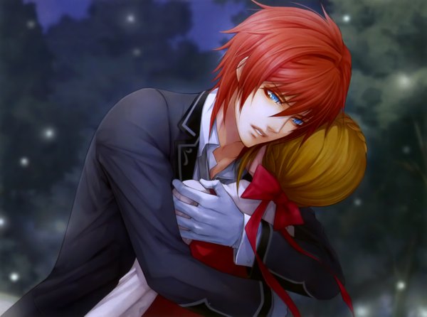 Anime picture 3371x2507 with will o' wisp (game) will hanna ellington usuba kagerou fringe highres short hair open mouth blue eyes blonde hair absurdres red hair scan couple hug girl boy gloves bow hair bow