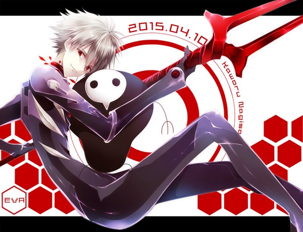 Anime picture 1950x1500 with neon genesis evangelion gainax nagisa kaworu sachiel shiro (himawari) single looking at viewer highres short hair red eyes sitting silver hair light smile character names dated boy choker bodysuit pilot suit