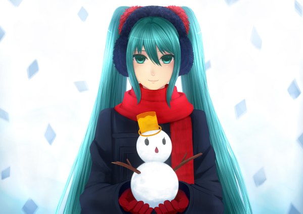 Anime picture 1200x847 with vocaloid hatsune miku bounin single long hair twintails aqua eyes aqua hair girl gloves scarf winter clothes snowman earmuffs