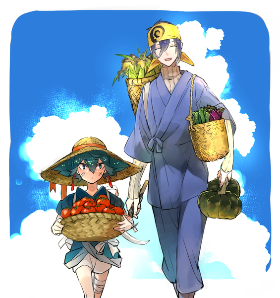 Anime picture 800x850 with touken ranbu nitroplus mikazuki munechika sayo samonji tobacco (tabakokobata) tall image fringe blue eyes hair between eyes blue hair looking away sky cloud (clouds) eyes closed traditional clothes japanese clothes multiple boys scar framed ^ ^