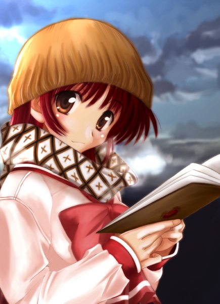 Anime picture 1200x1653 with to heart 2 leaf (studio) kousaka tamaki sugi (shoufusha) single long hair tall image looking at viewer blush brown eyes red hair girl scarf book (books) cap winter clothes