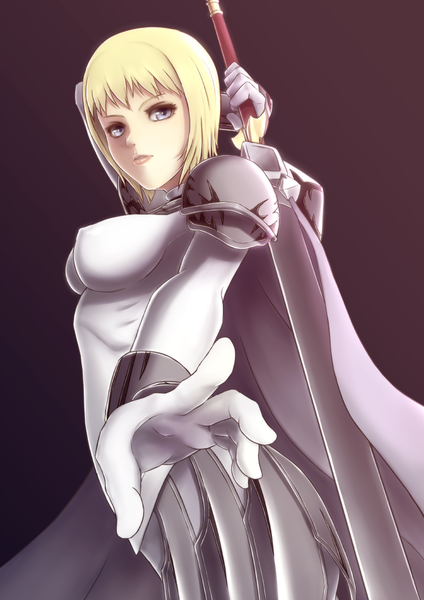 Anime picture 744x1052 with claymore madhouse clare (claymore) hananon single tall image looking at viewer fringe short hair breasts light erotic simple background silver eyes brown background girl weapon sword armor cloak spaulder (spaulders)