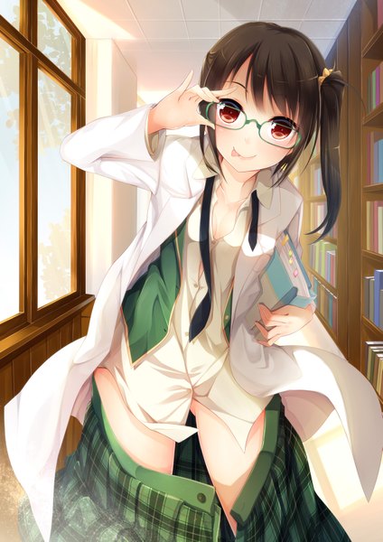 Anime picture 2593x3665 with boku wa tomodachi ga sukunai shiguma rika hatachi single long hair tall image looking at viewer highres light erotic black hair red eyes side ponytail :p girl skirt uniform school uniform shirt glasses tongue