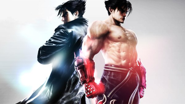 Anime-Bild 1920x1080 mit tekken namco (studio) jin kazama highres short hair black hair simple background wide image black eyes realistic grey background tattoo topless muscle back to back boy gloves fingerless gloves cloak