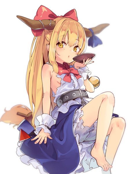 Anime picture 918x1241 with touhou ibuki suika kedama milk single long hair tall image looking at viewer fringe light erotic simple background blonde hair white background yellow eyes payot barefoot horn (horns) sideboob girl bow hair bow