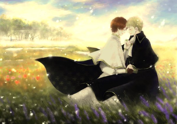 Anime picture 2400x1680 with axis powers hetalia studio deen north italy (hetalia) holy roman empire (hetalia) highres short hair blonde hair brown hair eyes closed holding hands face to face shounen ai field boy gloves flower (flowers) plant (plants) petals tree (trees) cloak