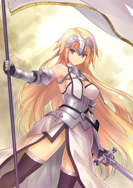 Anime picture 1024x1441 with fate (series) fate/apocrypha type-moon jeanne d'arc (fate) (all) jeanne d'arc (fate) qnakamura single long hair tall image looking at viewer fringe breasts light erotic blonde hair smile standing purple eyes bare shoulders holding zettai ryouiki