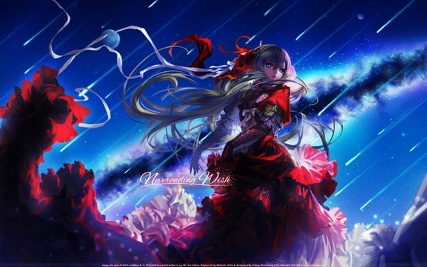 Anime picture 2560x1600 with vocaloid cantarella (vocaloid) hatsune miku alphonse (white datura) single long hair fringe highres wide image standing purple eyes looking away sky lips aqua hair alternate costume alternate hairstyle meteor rain girl dress