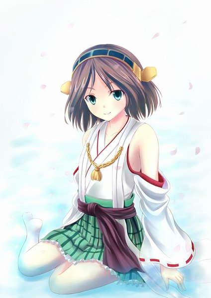 Anime picture 800x1132 with kantai collection hiei battleship nishiura gin single tall image looking at viewer short hair blue eyes brown hair bare shoulders nontraditional miko girl hair ornament detached sleeves petals