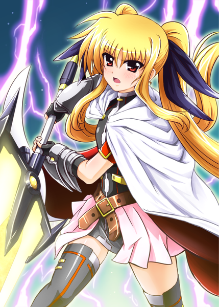Anime picture 755x1056 with mahou shoujo lyrical nanoha mahou shoujo lyrical nanoha strikers fate testarossa diesel-turbo long hair tall image blush open mouth blonde hair red eyes twintails lightning girl bow weapon hair bow sword belt