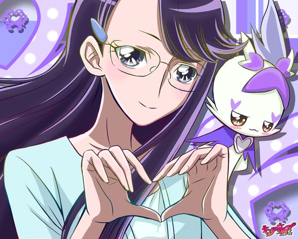 Anime picture 1280x1024 with precure heartcatch precure! toei animation tsukikage yuri cologne (heartcatch precure!) mahkn single long hair looking at viewer blush fringe smile purple eyes purple hair upper body heart hands girl glasses hairclip creature