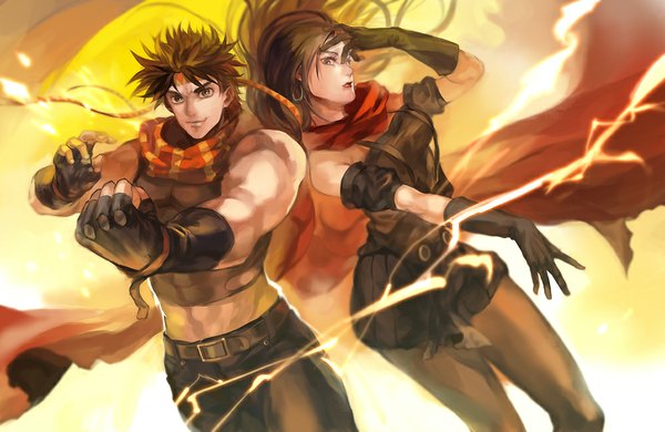 Anime picture 1000x650 with jojo no kimyou na bouken joseph joestar (young) lisa lisa oburaato long hair looking at viewer short hair black hair smile brown hair bare shoulders black eyes fighting stance hand on face mother and son girl dress boy gloves detached sleeves