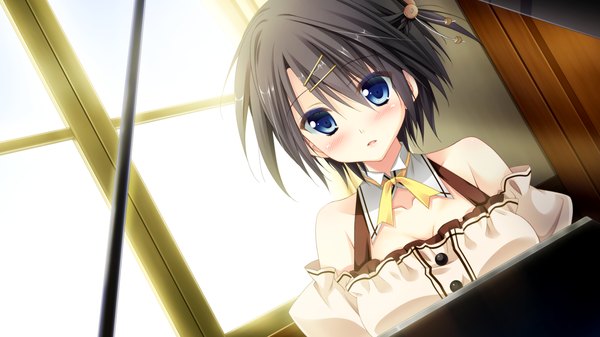 Anime picture 1280x720 with timepiece ensemble yushima towako sesena yau looking at viewer blush short hair blue eyes black hair wide image game cg girl dress