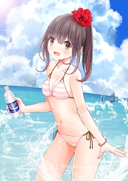 Anime picture 595x842 with original pocari sweat chikuwa (odennabe) single long hair tall image looking at viewer fringe breasts open mouth light erotic smile brown hair standing bare shoulders holding brown eyes sky cloud (clouds) outdoors