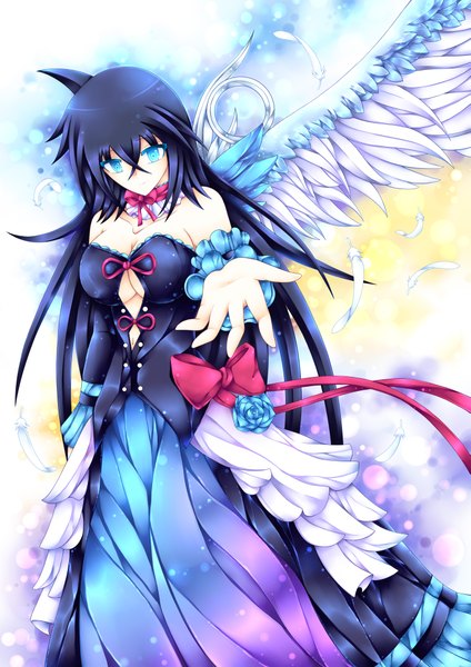 Anime picture 2893x4092 with original snowcorridor (artist) single tall image looking at viewer highres breasts blue eyes black hair very long hair girl dress flower (flowers) bow ribbon (ribbons) wings feather (feathers)