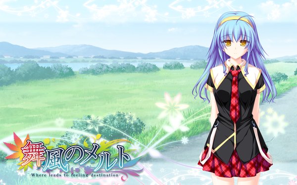 Anime picture 2560x1600 with maikaze no melt hiiragi tsukino tenmaso single long hair highres wide image yellow eyes blue hair game cg girl serafuku