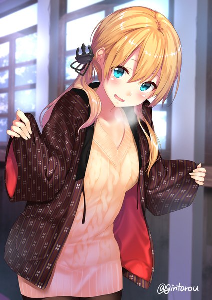Anime picture 727x1027 with kantai collection prinz eugen (kantai collection) gintarou (kurousagi108) single long hair tall image blush fringe open mouth blonde hair hair between eyes standing twintails signed indoors traditional clothes japanese clothes aqua eyes wide sleeves alternate costume