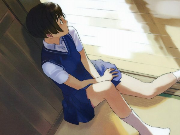 Anime picture 1024x768 with takamichi single short hair brown hair sitting looking away profile pleated skirt from above wallpaper no shoes against wall bob cut girl skirt uniform school uniform socks white socks wall
