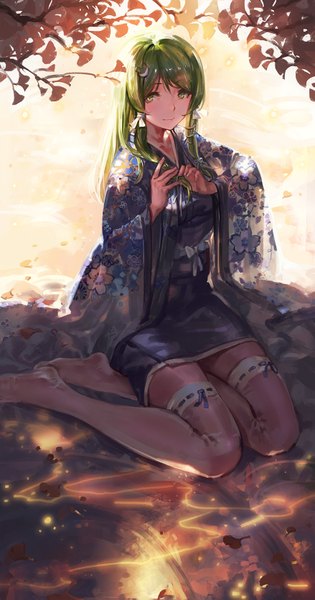 Anime picture 877x1667 with touhou kochiya sanae kishiyo single long hair tall image looking at viewer sitting green eyes traditional clothes japanese clothes green hair wide sleeves no shoes floral print girl thighhighs hair ornament kimono branch