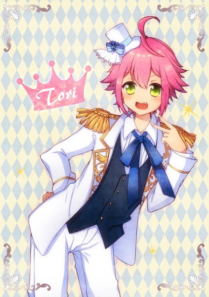 Anime picture 1031x1463 with ensemble stars! himemiya touri kirasaki single tall image blush fringe short hair open mouth hair between eyes green eyes looking away pink hair ahoge character names hand on hip victory rhombus boy uniform