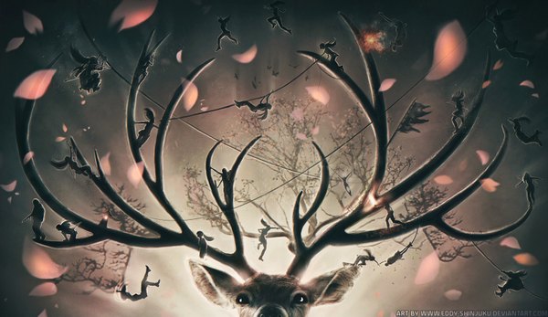 Anime picture 3200x1854 with tomb raider lara croft eddy-shinjuku highres wide image signed ponytail horn (horns) silhouette multiple persona girl weapon animal petals bow (weapon) arrow (arrows) rope deer reindeer