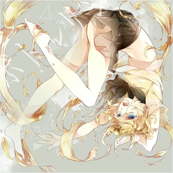 Anime picture 1000x1000 with vocaloid kagamine rin bottle rin reika (artist) single short hair open mouth blue eyes light erotic simple background blonde hair pleated skirt barefoot grey background liquid hair girl serafuku