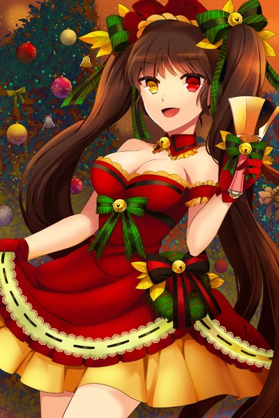 Anime picture 1440x2160 with sword girls anje single tall image looking at viewer open mouth brown hair twintails bare shoulders very long hair heterochromia christmas girl dress gloves bow frills bell jingle bell christmas tree