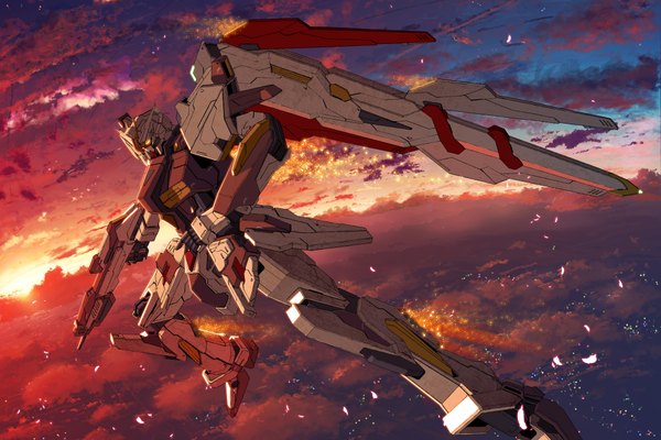 Anime picture 1920x1280 with mobile suit gundam gundam seed sunrise (studio) tsx-08a a-star starlight (stack) highres sky cloud (clouds) evening sunset flying petals mecha